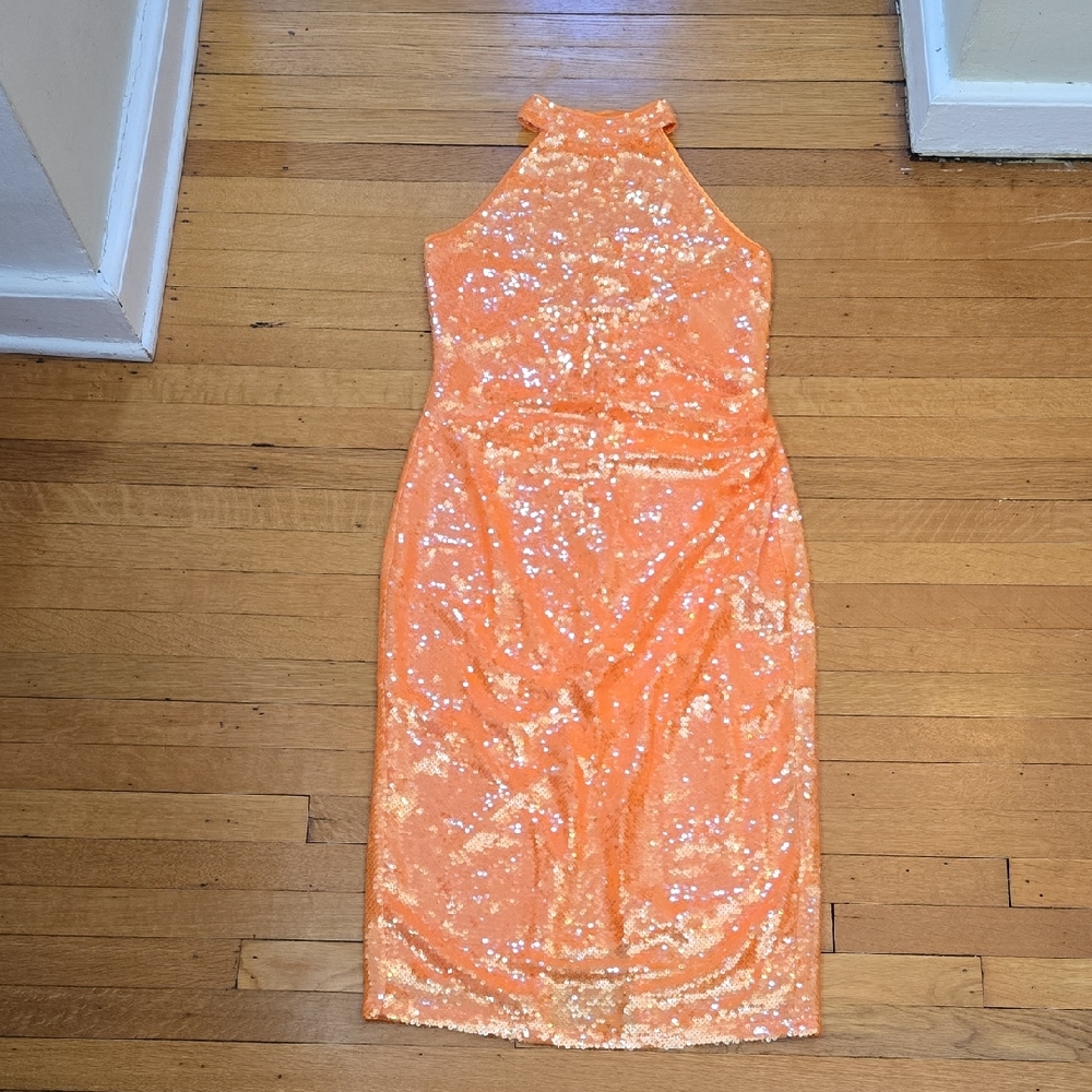 NWT, Caroline Constas, Orange Sequin Halter Bodycon Midi Dress,  Women's S